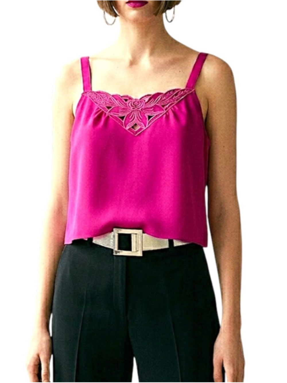 Vintage 70s 80s fuchsia pink boxy cut work embroidery neckline cami tank top 7